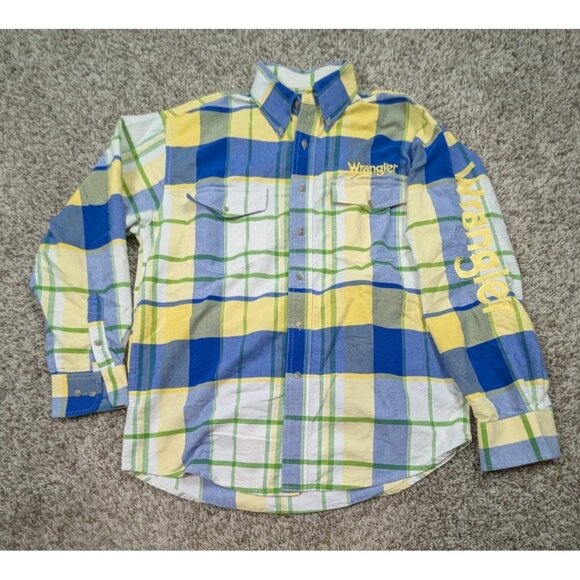 Vintage Wrangler Button Down Shirt Mens Medium Yellow Plaid Sleeve Spellout - Picture 1 of 8